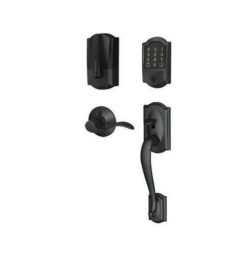 Schlage Residential BE489WBCCAM622-FE285CAM622ACCLH Camelot Encode Smart Wifi Deadbolt with Camelot Handle Set and Accent Lever Left Handed Matte Black Finish