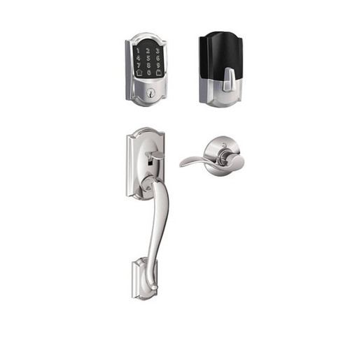 Schlage Residential BE489WBCCAM625-FE285CAM625ACCRH Camelot Encode Smart Wifi Deadbolt with Camelot Handle Set and Accent Lever Right Handed Polished Chrome Finish