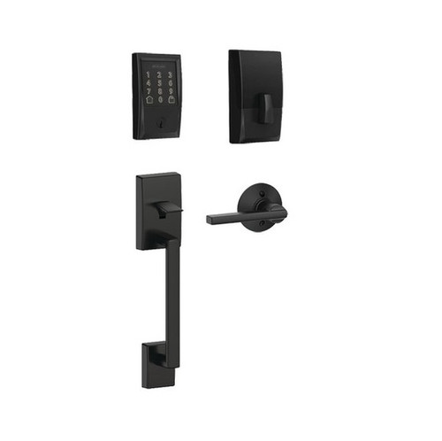 Schlage Residential BE489WBCCEN622-FE285CEN622LAT Century Encode Smart Wifi Deadbolt with Century Handle Set and Latitude Lever Matte Black Finish