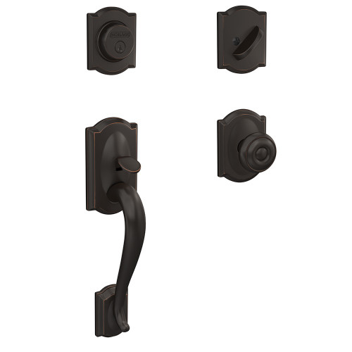 Schlage FC93CAM716GEOCAM Camelot Dummy Handleset with Georgian Knob and Camelot Rose Aged Bronze