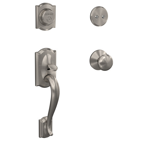 Schlage FC93CAM619PLYKIN Camelot Dummy Handleset with Plymouth Knob and Kinsler Rose Satin Nickel