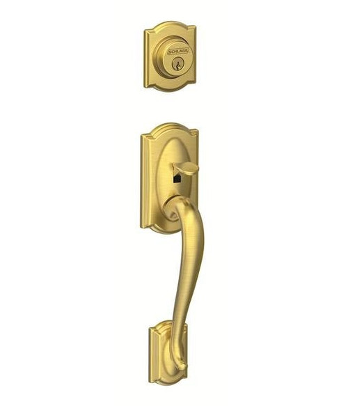 Schlage F60CAM608LAT Satin Brass Camelot Handle set with Latitude Lever