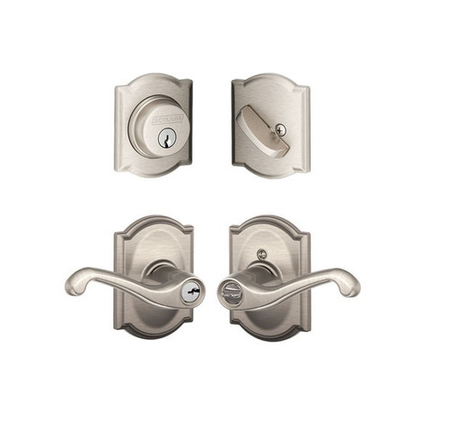 Schlage Residential FB50FLA619CAM Flair Lever with Camelot Rose Combo Pack Satin Nickel Finish