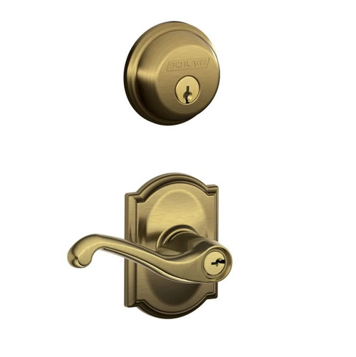 Schlage Residential FB50FLA609CAM-1 Flair Lever with Camelot Rose Combo Pack Antique Brass Finish