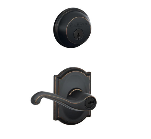 Schlage Residential FB50FLA716CAM-1 Flair Lever with Camelot Rose Combo Pack Aged Bronze Finish