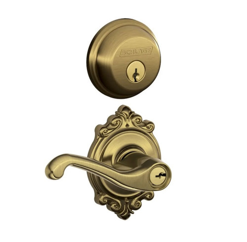 Schlage Residential FB50FLA609BRK Flair Lever with Brookshire Rose Combo Pack Antique Brass Finish