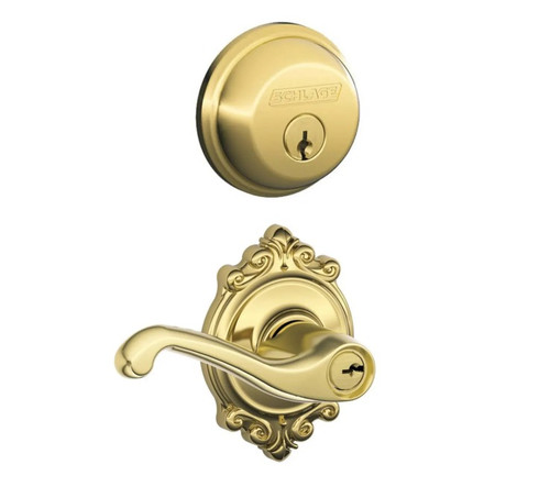 Schlage Residential FB50FLA505BRK Flair Lever with Brookshire Rose Combo Pack Lifetime Brass Finish