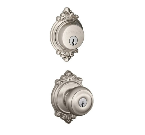 Schlage Residential FB50GEO619BRK Georgian Knob with Brookshire Rose Combo Pack Satin Nickel Finish