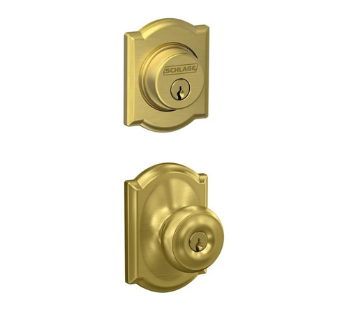 Schlage Residential FB50GEO608CAM Georgian Knob with Camelot Rose Combo Pack Satin Brass Finish