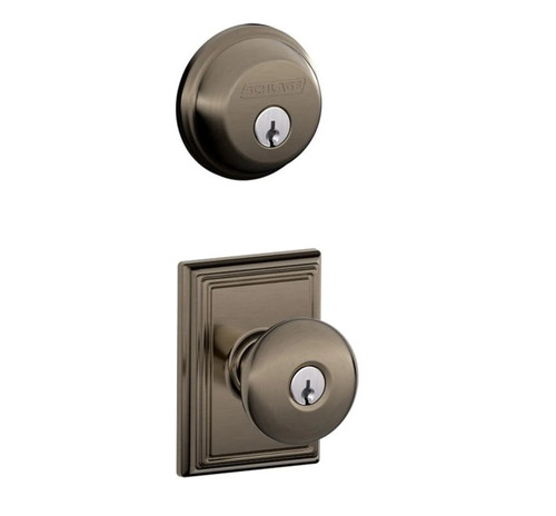 Schlage Residential FB50PLY620ADD-1 Plymouth Knob with Addison Rose Combo Pack Antique Pewter Finish
