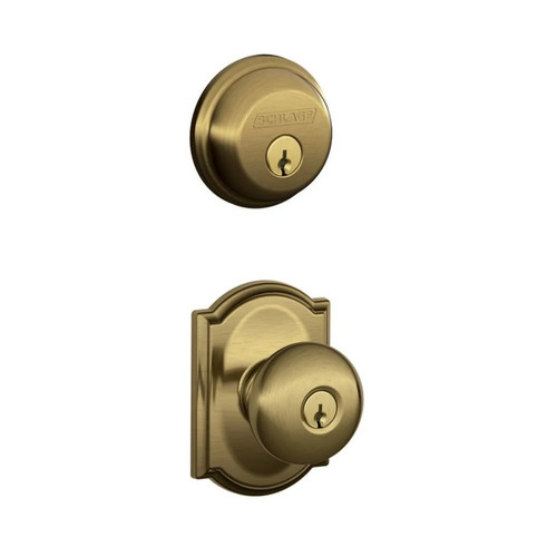 Schlage Residential FB50PLY609CAM-1 Plymouth Knob with Camelot Rose Combo Pack Antique Brass Finish