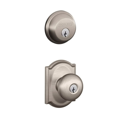 Schlage Residential FB50PLY619CAM-1 Plymouth Knob with Camelot Rose Combo Pack Satin Nickel Finish