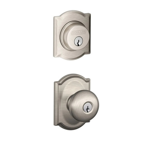 Schlage Residential FB50PLY619CAM Plymouth Knob with Camelot Rose Combo Pack Satin Nickel Finish