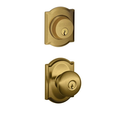Schlage Residential FB50PLY609CAM Plymouth Knob with Camelot Rose Combo Pack Antique Brass Finish