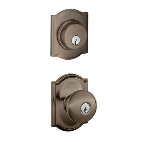 Schlage Residential FB50PLY620CAM Plymouth Knob with Camelot Rose Combo Pack Antique Pewter Finish