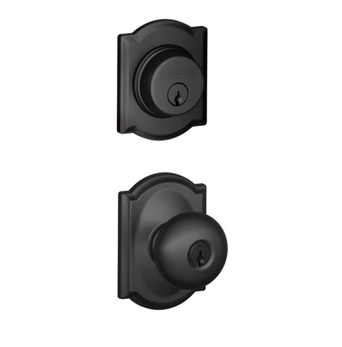 Schlage Residential FB50PLY622CAM Plymouth Knob with Camelot Rose Combo Pack Matte Black Finish