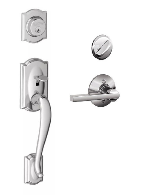 Schlage F60CAM625LAT Polished Chrome Camelot Handle set with Latitude Lever