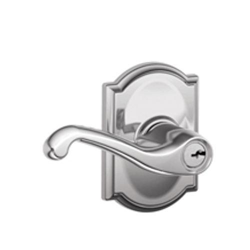 Schlage F51AFLA625CAM Polished Chrome Keyed Entry Flair Style Lever with Camelot Rose