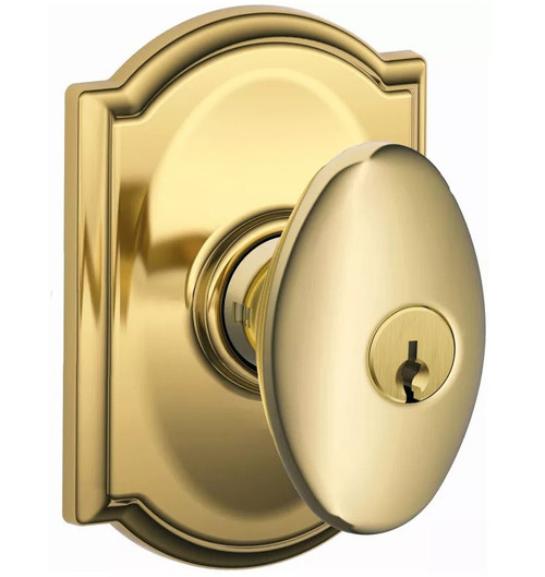 Schlage F51ASIE605CAM Bright Brass Keyed Entry Plymouth Style Knob with Camelot Rose