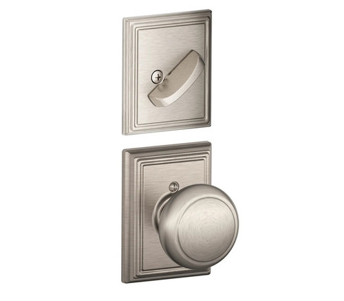 Schlage F94AND619ADD Satin Nickel Dummy Handleset with Andover Knob and Addison Rose (Interior Side Only)