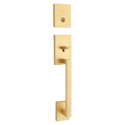 Kwikset 818SCELIP-4S.STRKP Single Cylinder San Clemente Exterior Handleset with SmartKey with 6AL Latch and STRKP Strike Pack which includes Square Corner, Round Corner and 5303 Round Corner Full Lip Strikes Satin Brass Finish