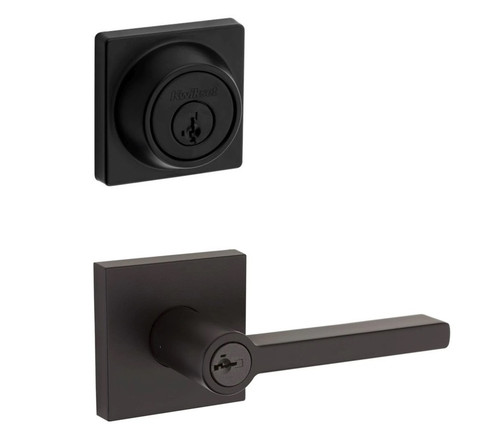 Kwikset 660SQT-740HFLSQT-514 Matte Black Square Single Cylinder Deadbolt with Halifax Keyed Entry Lever and Square Rose