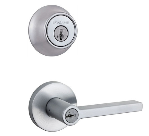 Kwikset 660-740HFLRDT-26D Satin Chrome Single Cylinder Deadbolt with Halifax Keyed Entry Lever and Round Rose