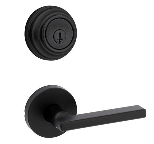 Kwikset 980-720HFLRDT-514 Matte Black Single Cylinder Deadbolt with Halifax Passage Lever and Round Rose