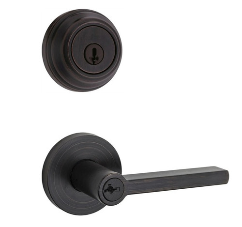 Kwikset 980-740HFLRDT-11P Venetian Bronze Single Cylinder Deadbolt with Halifax Keyed Entry Lever and Round Rose