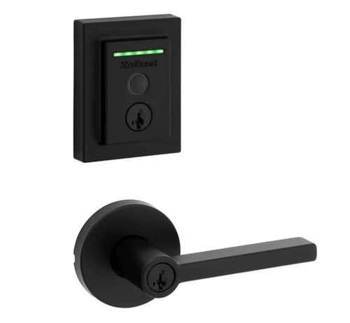 Kwikset 959CNTFPRT-740HFLRDT-514 Halo Touch Contemporary Fingerprint Deadbolt with Built-in Wifi and Halifax Keyed Entry Lever with Round Rose Matte Black Finish