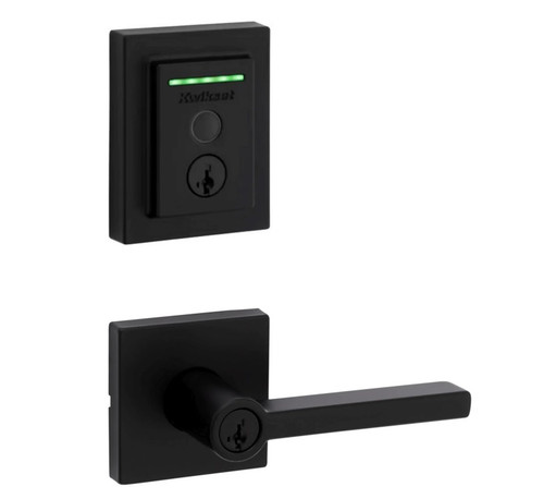 Kwikset 959CNTFPRT-740HFLSQT-514 Halo Touch Contemporary Fingerprint Deadbolt with Built-in Wifi and Halifax Keyed Entry Lever with Square Matte Black Finish