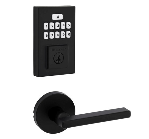 Kwikset 9260CNT-720HFLRDT-514 Contemporary SmartCode Keypad Electronic Deadbolt SmartKey with Halifax Lever with Round Rose Passage Lock Combo Matte Black Finish