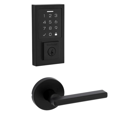 Kwikset 9270CNT-720HFLRDT-514 Contemporary SmartCode Touchpad Electronic Deadbolt SmartKey With Halifax Lever and Round Rose Matte Black Finish