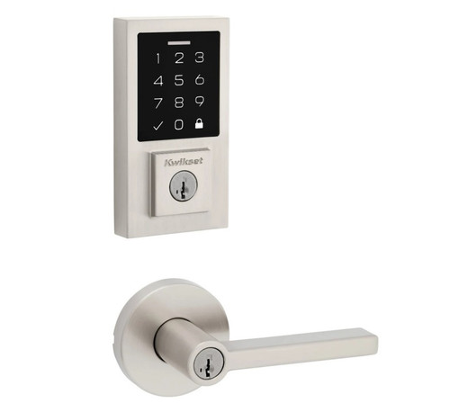 Kwikset 9270CNT-740HFLRDT-15 Contemporary SmartCode Touchpad Electronic Deadbolt SmartKey With Halifax Keyed Lever and Round Rose Satin Nickel Finish