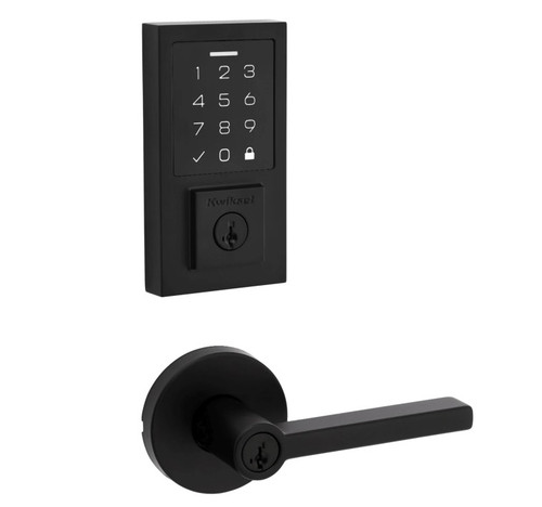 Kwikset 9270CNT-740HFLRDT-514 Contemporary SmartCode Touchpad Electronic Deadbolt SmartKey With Halifax Keyed Lever and Round Rose Matte Black Finish