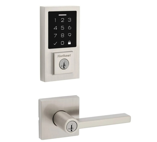 Kwikset 9270CNT-740HFLSQT-15 Contemporary SmartCode Touchpad Electronic Deadbolt SmartKey With Halifax Keyed Lever and Square Rose Satin Nickel Finish