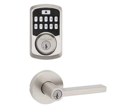 Kwikset 942BLE-740HFLRDT-15 Aura Bluetooth Keypad Electronic Deadbolt with Halifax Keyed Lever with Round Rose Satin Nickel Finish