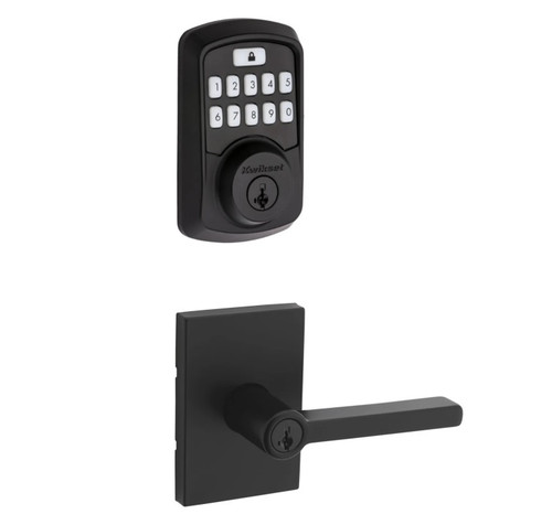 Kwikset 942BLE-740HFLRCT-514 Aura Bluetooth Keypad Electronic Deadbolt with Halifax Keyed Lever with Rectangular Rose Matte Black Finish