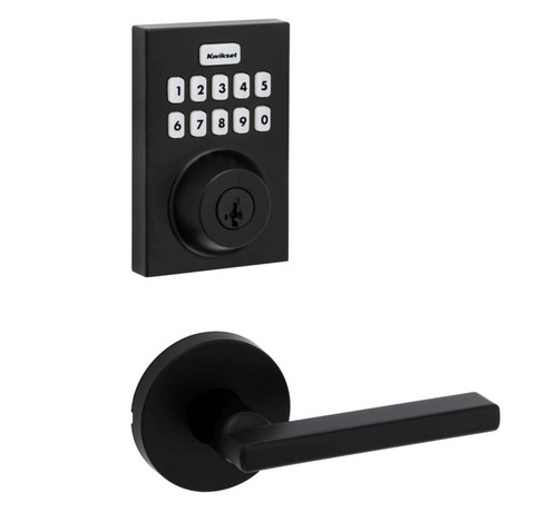 Kwikset HC620CNT-ZW700-720HFLRDT-514 Touchpad Electronic Deadbolt with Z-Wave with Halifax Lever and Round Rose Matte Black Finish