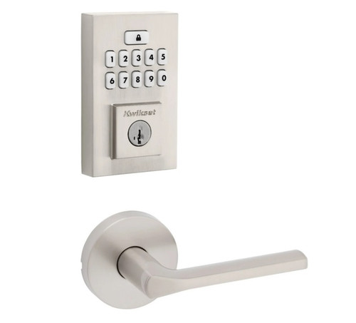 Kwikset 9260CNT-720LSLRDT-15 Contemporary SmartCode Keypad Electronic Deadbolt SmartKey with Libson Lever with Round Rose Passage Lock Combo Satin Nickel Finish