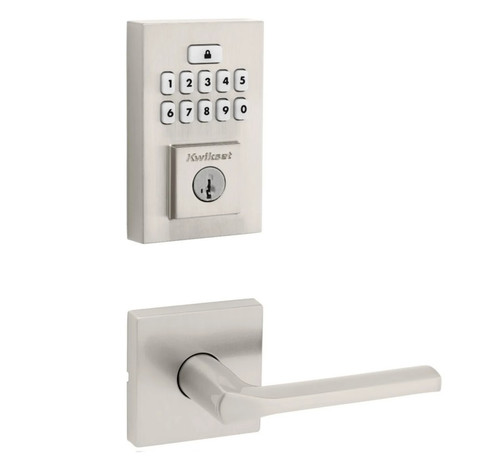 Kwikset 9260CNT-720LSLSQT-15 Contemporary SmartCode Keypad Electronic Deadbolt SmartKey with Libson Lever with Square Rose Passage Lock Combo Satin Nickel Finish