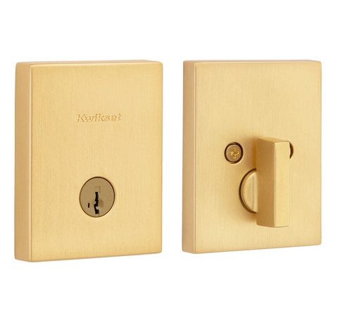 Kwikset 258RCT-4S.STRKP Rectangular Contemporary Low Profile Single Cylinder SmartKey Deadbolt with 6AL Latch and STRKP Strike Pack which includes Square Corner; Round Corner and 5303 Round Corner Full Lip Strikes KA3 Satin Brass Finish