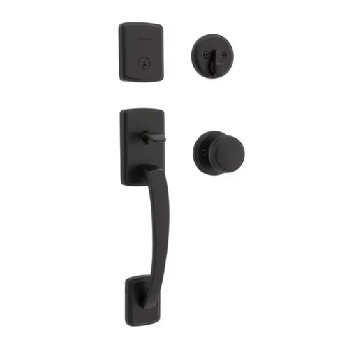 Kwikset 818BFH-971SOK-514S Single Cylinder Brentford Exterior Handleset with Sora Knob with SmartKey with RCAL Latch and RCS Strike Matte Black Finish