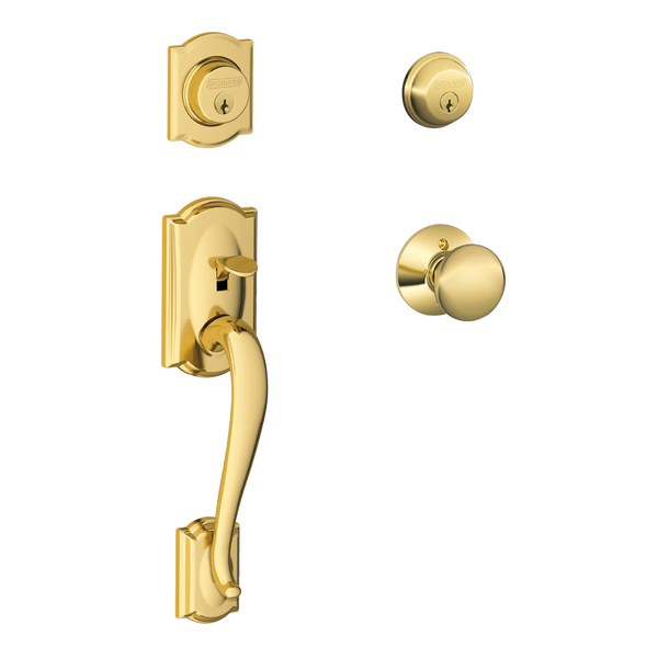 Schlage F62CAM605PLY Bright Brass Camelot Double Cylinder Handleset with Plymouth Knob