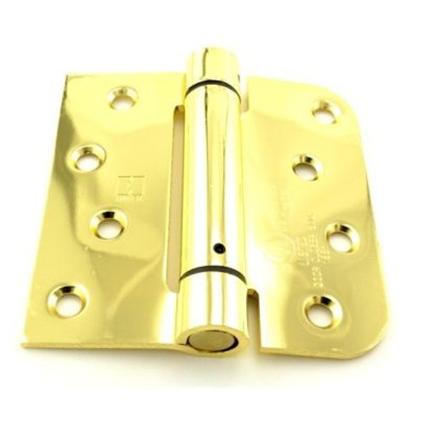 Hager 175443 Polished Brass 4" Full Mortise Square x 5/8" Radius Steel Residential Spring Hinge