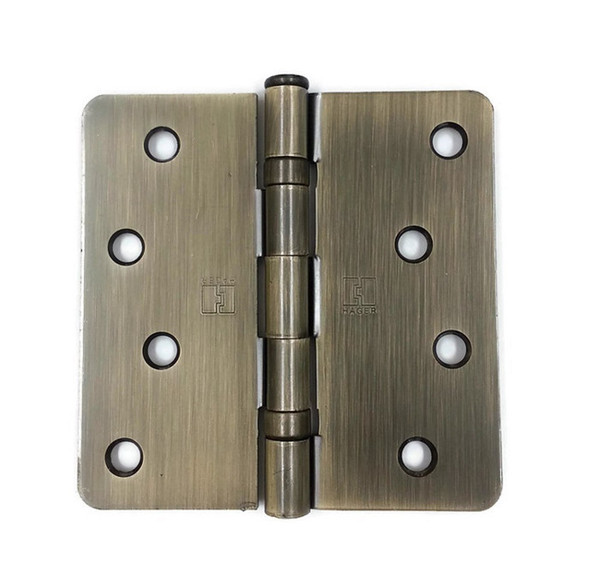 Hager RCBB174145 Antique Brass 4" Full Mortise 1/4" Radius Steel Residential Ball Bearing Hinge