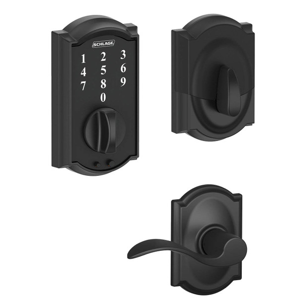 Schlage BE375CAM716/F10ACC622CAM Camelot Keyless Touch Pad Electronic Deadbolt Combo Pack Matte Black Electronic Touchscreen Deadbolt