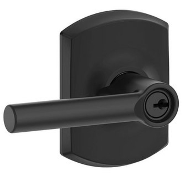 Schlage F51ABRW622GRW Matte Black Keyed Entry Broadway Style Lever with Greenwich Rose