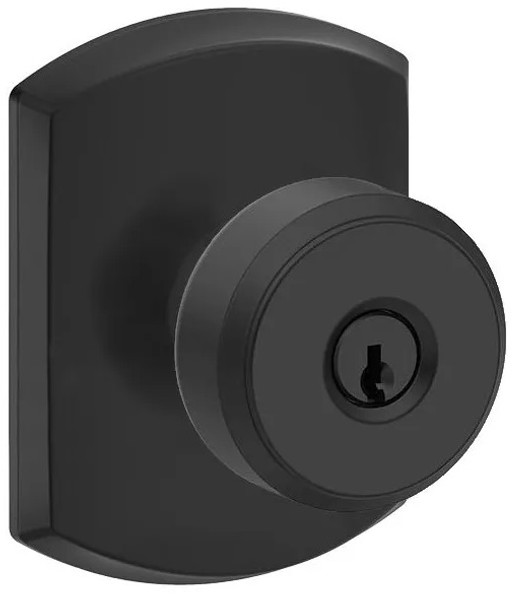 Schlage F51ABWE622GRW Matte Black Keyed Entry Bowery Style Knob with Greenwich Rose
