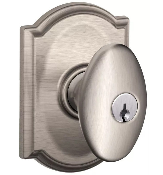 Schlage F51ASIE619CAM Satin Nickel Keyed Entry Plymouth Style Knob with Camelot Rose